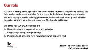 Our role
ILC-UK is a charity and a specialist think tank on the impact of longevity on society. We
help society understand and plan for the future in the light of demographic change.
We want to play a part in helping government, individuals and industry deal with the
impact of coronavirus today and tomorrow. The time to act is now.
Our three key COVID-19 priorities are:
1. Understanding the impact of coronavirus today
2. Supporting society through change
3. Preparing and adapting for a new future: what happens next
Join the conversation: @ilcuk
#WhatHappensNext
 