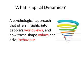 What is Spiral Dynamics?
A psychological approach
that offers insights into
people's worldviews, and
how these shape values and
drive behaviour.
 
