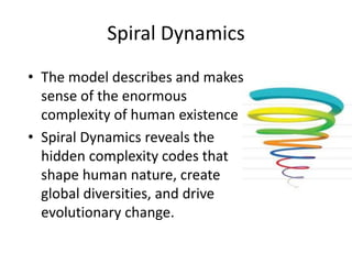 Spiral Dynamics
• The model describes and makes
sense of the enormous
complexity of human existence
• Spiral Dynamics reveals the
hidden complexity codes that
shape human nature, create
global diversities, and drive
evolutionary change.
 