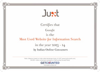 Certifies that 
Google 
is the 
Most Used Website for Information Search 
in the year 2013 - 14 
by Indian Online Consumers 
Note: Inference based on India online landscape study of JUXT (www.juxtconsult.com), 
36,000+ online consumers surveyed on GetCounted Access Panel 
www.getcounted.net 
