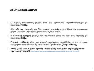 3
ΑΓΩΝΙΣΤΙΚΟΣ ΧΩΡΟΣ
● Ο κυρίως αγωνιστικός χώρος είναι ένα ορθογώνιο παραλληλόγραμμο με
διαστάσεις 18Χ9μ.
● Δύο πλάγιες γραμμές και δύο τελικές γραμμές σχηματίζουν τον αγωνιστικό
χώρο, οι οποίες συμπεριλαμβάνονται στις διαστάσεις.
● Η κεντρική γραμμή χωρίζει τον αγωνιστικό χώρο σε δύο ίσες περιοχές με
διαστάσεις 9Χ9μ.
● Γραμμή επίθεσης είναι μία γραμμή χαραγμένη παράλληλα με την κεντρική
γραμμή και σε απόσταση 3μ. από αυτήν. Οριοθετεί τη ζώνη επίθεσης.
● Άλλες ζώνες είναι, η ζώνη άμυνας (πίσω ζώνη) και η ζώνη σερβίς (έξω από
την τελική γραμμή). http://ebooks.edu.gr/modules/ebook/show.php/DSDIM-G100/156/1110,4037/
 