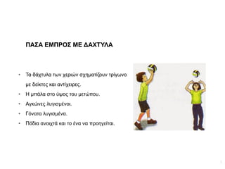 5
ΠΑΣΑ ΕΜΠΡΟΣ ΜΕ ΔΑΧΤΥΛΑ
● Τα δάχτυλα των χεριών σχηματίζουν τρίγωνο
με δείκτες και αντίχειρες.
● Η μπάλα στο ύψος του μετώπου.
● Αγκώνες λυγισμένοι.
● Γόνατα λυγισμένα.
● Πόδια ανοιχτά και το ένα να προηγείται.
 