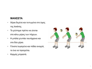 6
ΜΑΝΣΕΤΑ
● Χέρια δεμένα και τεντωμένα στο ύψος
της λεκάνης.
● Το χτύπημα πρέπει να γίνεται
στο κάτω μέρος των πήχεων.
● Η μπάλα χτυπάει ταυτόχρονα και
στα δύο χέρια.
● Γόνατα λυγισμένα και πόδια ανοιχτά,
το ένα να προηγείται.
● Κορμός μπροστά.
 