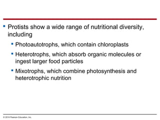  Protists show a wide range of nutritional diversity,
including
 Photoautotrophs, which contain chloroplasts
 Heterotrophs, which absorb organic molecules or
ingest larger food particles
 Mixotrophs, which combine photosynthesis and
heterotrophic nutrition
© 2014 Pearson Education, Inc.
 