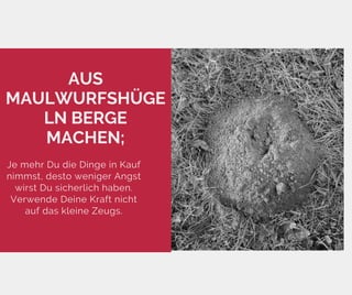 AUS
MAULWURFSHÜGE
LN BERGE
MACHEN;
Je mehr Du die Dinge in Kauf
nimmst, desto weniger Angst
wirst Du sicherlich haben.
Verwende Deine Kraft nicht
auf das kleine Zeugs.
 