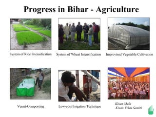 Progress in Bihar - Agriculture



System of Rice Intensification   System of Wheat Intensification   Improvised Vegetable Cultivation




                                                                         Kisan Mela
     Vermi-Composting             Low-cost Irrigation Technique          Kisan Vikas Samiti
 