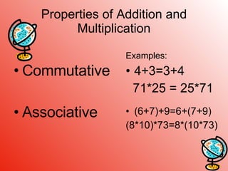 Properties of Addition and Multiplication Commutative Associative Examples: 4+3=3+4 71*25 = 25*71 (6+7)+9=6+(7+9) (8*10)*73=8*(10*73) 