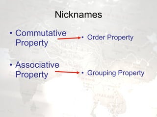 Nicknames Commutative Property Associative Property   Order Property Grouping Property 