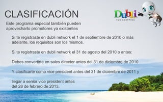CLASIFICACIÓN
Este programa especial también pueden
aprovecharlo promotores ya existentes
Si te registraste en dubli network el 1 de septiembre de 2010 o más
adelante, los requisitos son los mismos.
Si te registraste en dubli network el 31 de agosto del 2010 o antes:
Debes convertirte en sales director antes del 31 de diciembre de 2010
Y clasificarte como vice president antes del 31 de diciembre de 2011 y
llegar a senior vice president antes
del 28 de febrero de 2013.
 