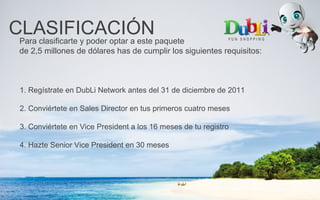 CLASIFICACIÓNPara clasificarte y poder optar a este paquete
de 2,5 millones de dólares has de cumplir los siguientes requisitos:
1. Regístrate en DubLi Network antes del 31 de diciembre de 2011
2. Conviértete en Sales Director en tus primeros cuatro meses
3. Conviértete en Vice President a los 16 meses de tu registro
4. Hazte Senior Vice President en 30 meses
 