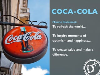 COCA-COLA
Mission Statement:
To refresh the world...
To inspire moments of
optimism and happiness...
To create value and m...