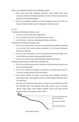 Macam rawa berdasarkan kondisi airnya, dibedakan menjadi:
1. Rawa yang airnya tidak mengalami pergantian, cirinya adalah airnya asam,
warnanya kemerahan, tidak dapat digunakan air minum, tidak ada organisme yang
hidup dan sulit untuk dimanfaatkan.
2. Rawa yang mengalami pergantian air karena pengaruh pasang surut. Rawa ini
biasanya terdapat di dekat sungai dan dipengaruhi oleh pasang surut.
D. Laut
Pembagian laut berdasarkan letaknya, yaitu:
1. Laut Tepi, yaitu laut yang ada di pinggir benua.
2. Laut Pertengahan, yaitu laut yang terletak di antara 2 benua
3. Laut Pedalaman, yaitu laut yang hamper dikelilingi oleh daratan
Pembagian laut berdasarkan terjadinya, yaitu:
1. laut transgresi (laut meluas), yaitu laut yang terjadi karena perubahan permukaan
air laut positif, baik karena kenaikan permukaan air laut ataupun penurunan
daratan secara perlahan.
2. laut ingresi (laut tanah turun), yaitu laut yang terjadi karena turunnya tanah secara
vertical akibat gaya endogen yang menyebabkan patahan.
3. laut regresi, yaitu laut yang terjadi berkebalikan dengan laut transgresi.
Pembagian laut berdasarkan kedalamannya, dibedakan atas:
1. Zona Litoral (daerah pasang surut), yaitu daerah yang jika pasang tertutup air dan
jika surut menjadi daratan.
2. Zona Neritic (wilayah laut dangkal), yaitu daerah yang kedalamannya antara 0-
150 meter, dan dapat ditembus oleh sinar matahari.
3. Zona bathyal (wilayah laut dalam), yaitu daerah yang merupakan continental
slope (lereng benua yang tenggelam di dasar samudra) dengan kedalaman antara
150-1800 meter.
4. Zona Abyssal (wilayah laut sangat dalam), wilayah laut yang kedalamannya lebih
dari 1800-6000 meter. Sinar matahari sudah tidak sampai di zona ini, sehingga
suhunya sangat dingin, tidak terdapat tumbuhan, hewan yang hidup bersifat
kanibal, predator dan mempunyai cahaya sendiri.
Zone Litoral (Pasang surut)
Zone Neritik (0-150 m)
Zone Bathyal (150-1800 m)
Zone Abysal (1800-6000 m)
Skema Pembagian wilayah laut
 