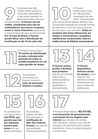 Empresas que dão
crédito estão sujeitas a
riscos de inadimplência,
o que pode acarretar no
descumprimento de seus
compromissos. A Forever não dá
crédito, exatamente para não ter
inadimplência. Isso torna a empresa
imune a riscos financeiros, garantindo
o cumprimento de seus compromissos.
Em 15 anos de Brasil, a Forever
jamais faltou com a distribuição da
bonificação no dia 15 de cada mês.
A Forever Living possui
15 centros de distribuição
no país, e planeja estar
presente em todos os
estados brasileiros em um
curto período de tempo.
Os produtos
nutricionais da
Forever possuem
selos de aprovação
Islâmica e Judaica.
A Forever disponibiliza o My FLP BIZ,
uma ferramenta de gerenciamento
e promoção de seu negócio pela
internet que oferece, em tempo
real, relatórios, acesso à sua lista de
contatos, lhe permite enviar cartões
eletrônicos, criar um website próprio,
e muito mais.
A Forever cultiva,
produz e distribui
seus produtos.
Isso lhe dá controle
sobre toda a
cadeia produtiva,
garantindo a
qualidade e o
abastecimento.
Os produtos de
uso tópico tem o
selo PETA, que
garante que não
são utilizados
animais para
testes em seu
desenvolvimento.
Os produtos
tópicos de Aloe
Vera possuem a
certificação do
Aloe Vera Science
Council, que aprova
sua qualidade
internacionalmente.
A Forever
disponibiliza
diversos canais
de compra, como
Internet, fax,
telefone e vende
diretamente em
seus centros de
distribuição.
A Forever
comercializa mais
de 150 produtos
importados de uso
diário. Grande parte
sem concorrentes diretos devido à sua
composição baseada em grande volume
de aloe vera, como em seus produtos
de uso tópico, por exemplo. Todos os
produtos têm fortes diferenciais em
relação à concorrência e resultados
rapidamente comprovados. Está é a
melhor forma de fidelizar consumidores.
 