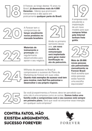 Contra fatos, não
existem argumentos.
Sucesso Forever!
A Forever, ao longo destes 15 anos no
Brasil, já desenvolveu mais de 4.000
Gerentes - líderes que promovem
treinamentos e dão apoio em
praticamente qualquer parte do Brasil.
A Forever tem o
compromisso de
lançar anualmente
novos produtos no
mercado brasileiro.
Materiais de
treinamento e
promoção são
regularmante
desenvolvidos para
apoiar o seu negócio.
Ainda no primeiro
semestre desse
ano, um novo
modelo de
remuneração
será implantado
para gerar maior
bonificação no
ato do patrocínio.
Mais de 20.000
novas pessoas
são patrocinadas
mensalmente na
Forever Brasil.
Você acredita que
estas pessoas
estão fazendo
uma escolha
equivocada?
Milhares de pessoas no Brasil já
comprovaram o sucesso do Plano de
Marketing da Forever em suas vidas.
Quanto mais exemplos de sucesso você tem
para mostrar, mais fácil fica patrocinar e
desenvolver o seu próprio negócio.
Se você já experimentou a Forever, deve ter percebido que
esta não é uma empresa como as outras. Somos todos uma
família onde o compromisso com o seu sucesso está sempre
em primeiro plano. Será que você vai encontrar esse intenção
em qualquer outra empresa?
A empresa está
estudando a
implantação
de um novo
modelo para que
compras feitas
pela Internet
tenham frete
grátis.
 