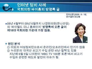 인터넷 정치 사례국회의원 싸이홈피 방명록 글 전자신문 [2009 - 8 - 18] 연구결과 보도됨’08년 4월부터 09년 6월까지 나경원의원(한나라당)의 ‘싸이월드 미니 홈페이지’ 방명록에오른 글이제18대국회의원 가운데 가장 많음.원인 분석   ① 미모의 여성정치인으로서 온라인/오프라인에서 인기가 많음   ② 누리꾼의 ‘미국산 쇠고기 수입 관련 비난·질책’도 있음      지난해 6월 5일 나의원이 ‘MBC TV 100분 토론’에서 쇠고기 수입과 관련한 태도와 발언이 이슈가 됨