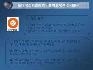 18대 국회의원의 미니홈피 방명록 정서분석감정 분석* 10명의 한국 국회의원에게 남겨진 코멘트 200개를 무작위 추출. 총 200개* 코멘트는 ‘긍정적, 부정적, 관련 없음’으로 분류. (1) 긍정적 메시지 : 국회의원에게 존경, 지지, 심리적 유대감을 나타냄. 예의바른 단어로 정책을 제안함.(2) 부정적 메시지 : 적대적이거나 국회의원에 대한 비판, 비난, 욕설을 포함하는 코멘트.(3) 관련없는 메시지 : 국회의원과 관련이 없거나 정책과 관련이 없는 코멘트. 정치에 대한 일반적인 의견이나 스팸.