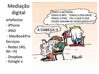 Mediação
 digital
artefactos
- iPhone
- iPAD
 - MacBookPro
Serviços
- Redes (4G,
Wi –fi)
- Dropbox
- Google x
 