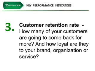 3. Customer retention rate - 
How many of your customers 
are going to come back for 
more? And how loyal are they 
to your brand, organization or 
service? 
 