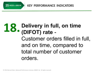 18. Delivery in full, on time 
(DIFOT) rate - 
Customer orders filled in full, 
and on time, compared to 
total number of customer 
orders. 
© 2014 Bernard Marr, Advanced Performance Institute, BWMC Ltd. All rights reserved. 
 