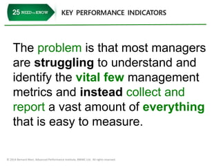 The problem is that most managers 
are struggling to understand and 
identify the vital few management 
metrics and instead collect and 
report a vast amount of everything 
that is easy to measure. 
© 2014 Bernard Marr, Advanced Performance Institute, BWMC Ltd. All rights reserved. 
 