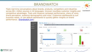 BRANDWATCH
10
Track real-time conversations about brands, products, competitors and industries
across 80+ million sources in 44 languages. Uncover countless customer insights and
competitive advantages. Track and measure campaign performance, share of voice,
brand perception, audience demographics and more. Customize dashboards to suit
business needs, or use default dashboards to quickly gather insights on brand
performance. (brandwatch.com)
.
 