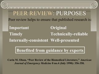 PEER REVIEW: PURPOSES
Carin M. Olson, “Peer Review of the Biomedical Literature,” American
Journal of Emergency Medicine 8 no.4 (July 1990): 356-358.
Peer review helps to ensure that published research is:
Important Original
Timely Technically-reliable
Internally-consistent Well-presented
Benefited from guidance by experts
 