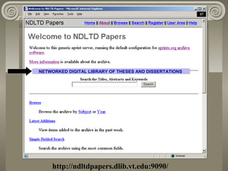 http://ndltdpapers.dlib.vt.edu:9090/
NETWORKED DIGITAL LIBRARY OF THESES AND DISSERTATIONS
 