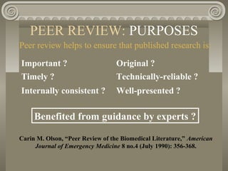 PEER REVIEW: PURPOSES
Peer review helps to ensure that published research is:
Important ? Original ?
Timely ? Technically-reliable ?
Internally consistent ? Well-presented ?
Benefited from guidance by experts ?
Carin M. Olson, “Peer Review of the Biomedical Literature,” American
Journal of Emergency Medicine 8 no.4 (July 1990): 356-368.
 