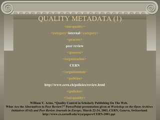 QUALITY METADATA (1)
<oai-quality>
<category>internal</category>
<process>
peer review
</process>
<organization>
CERN
</organization>
<policies>
http://www.cern.ch/policies/review.html
</policies>
</oai-quality>
William Y. Arms, “Quality Control in Scholarly Publishing On The Web.
What Are the Alternatives to Peer Review?” PowerPoint presentation given at Workshop on the Open Archives
Initiatives (OAI) and Peer Review Journals in Europe, March 22-24, 2003, CERN, Geneva, Switzerland
http://www.cs.cornell.edu/wya/papers/CERN-2001.ppt
 