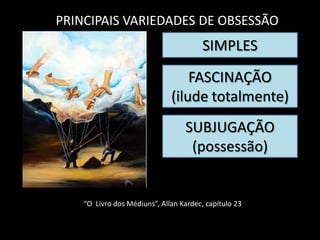 PRINCIPAIS VARIEDADES DE OBSESSÃO

SIMPLES
FASCINAÇÃO
(ilude totalmente)
SUBJUGAÇÃO
(possessão)

“O Livro dos Médiuns”, Allan Kardec, capítulo 23

 