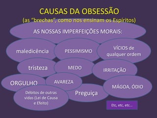 CAUSAS DA OBSESSÃO
(as “brechas”, como nos ensinam os Espíritos)
AS NOSSAS IMPERFEIÇÕES MORAIS:

maledicência

PESSIMISMO

tristeza

ORGULHO

MEDO
AVAREZA

Débitos de outras
vidas (Lei de Causa
e Efeito)

VÍCIOS de
qualquer ordem
IRRITAÇÃO
MÁGOA, ÓDIO

Preguiça
Etc, etc, etc...

 