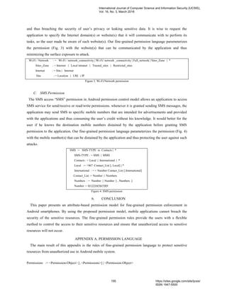 and thus breaching the security of user’s privacy or leaking sensitive data. It is wise to request the
application to specify the Internet domain(s) or website(s) that it will communicate with to perform its
tasks, so the user made be aware of such website(s). Our fine-grained permission language parameterizes
the permission (Fig. 3) with the website(s) that can be communicated by the application and thus
minimizing the surface exposure to attack.
Wi-Fi / Network : = Wi-Fi / network_connectivity | Wi-Fi/ network _connectivity | Full_network | Sites_Zone | *
Sites_Zone : = Internet | Local intranet | Trusted_sites | Restricted_sites
Internet : = Site | Internet
Site : = Location | URI | IP
Figure 3. Wi-Fi/Network permission
C. SMS Permission
The SMS access “SMS” permission in Android permission control model allows an application to access
SMS service for send/receive or read/write permissions. whenever it is granted sending SMS messages, the
application may send SMS to specific mobile numbers that are intended for advertisements and provided
with the applications and thus consuming the user’s credit without his knowledge. It would better for the
user if he knows the destination mobile numbers distained by the application before granting SMS
permission to the application. Our fine-grained permission language parameterizes the permission (Fig. 4)
with the mobile number(s) that can be distained by the application and thus protecting the user against such
attacks.
SMS := SMS-TYPE to Contacts | *
SMS-TYPE : = SMS | MMS
Contacts : = Local | International | *
Local := +967 Contact_List [, Local] | *
International : = + Number Contact_List [,International]
Contact_List := Number | Numbers
Numbers : = Number | Number [ , Numbers ]
Number := 0|1|2|3|4|5|6|7|8|9
Figure 4. SMS permission
6. CONCLUSION
This paper presents an attribute-based permission model for fine-grained permission enforcement in
Android smartphones. By using the proposed permission model, mobile applications cannot breach the
security of the sensitive resources. The fine-grained permission rules provide the users with a flexible
method to control the access to their sensitive resources and ensure that unauthorized access to sensitive
resources will not occur.
APPENDIX A. PERMISSION LANGUAGE
The main result of this appendix is the rules of fine-grained permission language to protect sensitive
resources from unauthorized use in Android mobile system.
Permissions := <Permission-Object> [, <Permissions>] | <Permission-Object>
International Journal of Computer Science and Information Security (IJCSIS),
Vol. 16, No. 3, March 2018
195 https://sites.google.com/site/ijcsis/
ISSN 1947-5500
 