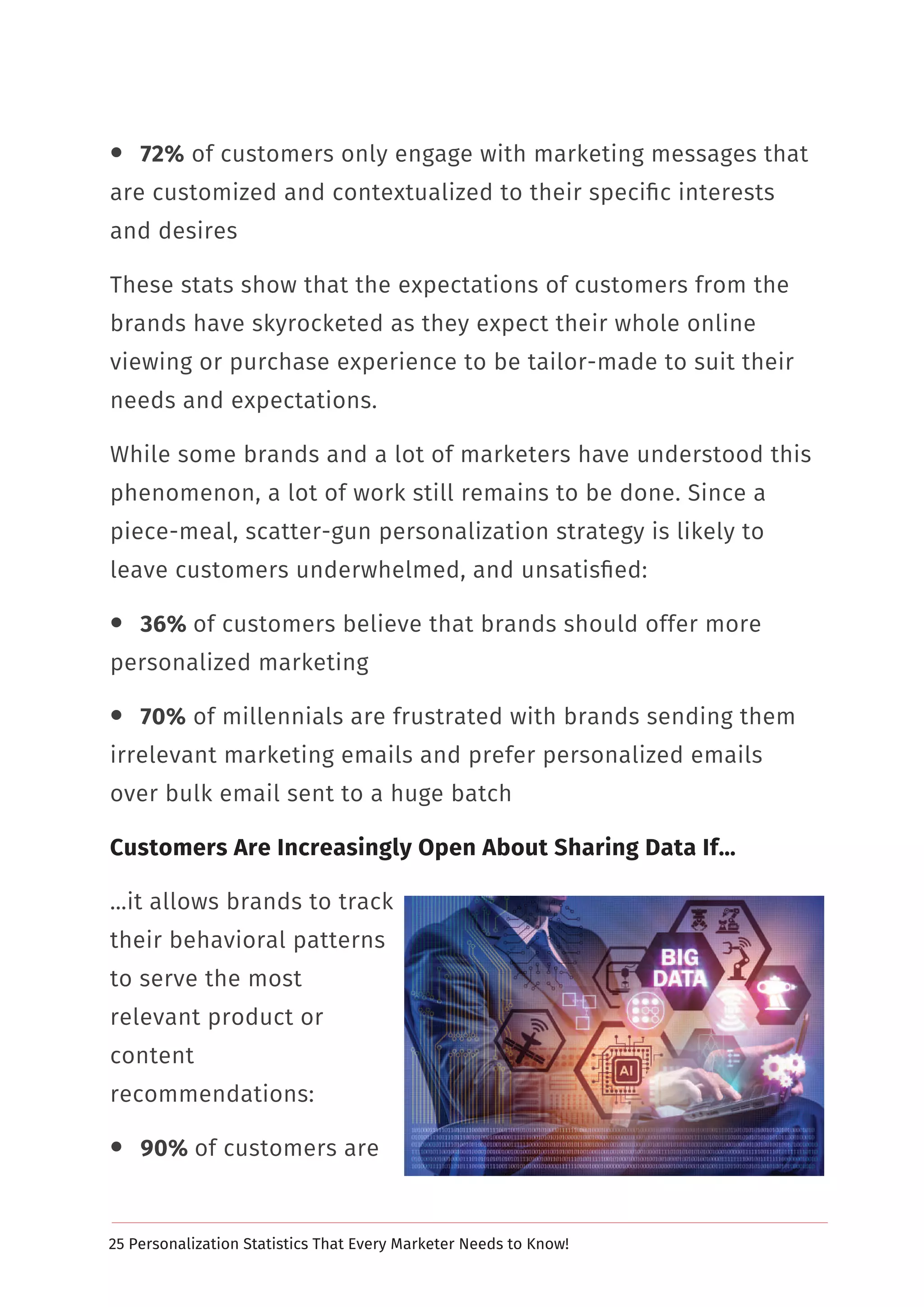  72% of customers only engage with marketing messages that
are customized and contextualized to their speciﬁc interests
and desires
These stats show that the expectations of customers from the
brands have skyrocketed as they expect their whole online
viewing or purchase experience to be tailor-made to suit their
needs and expectations.
While some brands and a lot of marketers have understood this
phenomenon, a lot of work still remains to be done. Since a
piece-meal, scatter-gun personalization strategy is likely to
leave customers underwhelmed, and unsatisﬁed:
 36% of customers believe that brands should offer more
personalized marketing
 70% of millennials are frustrated with brands sending them
irrelevant marketing emails and prefer personalized emails
over bulk email sent to a huge batch
Customers Are Increasingly Open About Sharing Data If…
…it allows brands to track
their behavioral patterns
to serve the most
relevant product or
content
recommendations:
 90% of customers are
25 Personalization Statistics That Every Marketer Needs to Know!
 