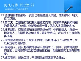 使徒行傳 25:22-27
22.亞基帕對非斯都說：我自己也願聽這人辯論。非斯都說：明天
你可以聽。
23.第二天，亞基帕和百尼基大張威勢而來，同著眾千夫長和城裡
的尊貴人進了公廳。非斯都吩咐一聲，就有人將保羅帶進來。
24.非斯都說：亞基帕王和在這裡的諸位啊，你們看這人，就是一
切猶太人，在耶路撒冷和這裡，曾向我懇求、呼叫說：不可容他
再活著。
25.但我查明他沒有犯什麼該死的罪，並且他自己上告於皇帝，所
以我定意把他解去。
26.論到這人，我沒有確實的事可以奏明主上。因此，我帶他到你
們面前，也特意帶他到你亞基帕王面前，為要在查問之後有所陳
奏。
27.據我看來，解送囚犯，不指明他的罪案是不合理的。
(請觀察發生了甚麼事情?)
 