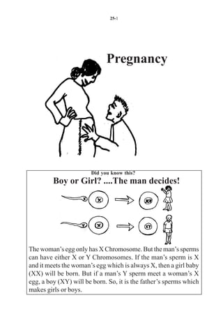 25-1




                             Pregnancy




                       Did you know this?
         Boy or Girl? ....The man decides!




The woman’s egg only has X Chromosome. But the man’s sperms
can have either X or Y Chromosomes. If the man’s sperm is X
and it meets the woman’s egg which is always X, then a girl baby
(XX) will be born. But if a man’s Y sperm meet a woman’s X
egg, a boy (XY) will be born. So, it is the father’s sperms which
makes girls or boys.
 
