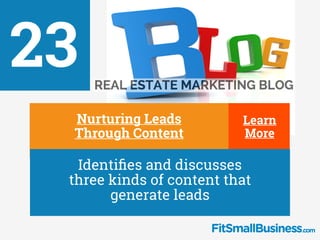 23
∂
Nurturing Leads
Through Content
∂
Identiﬁes and discusses
three kinds of content that
generate leads
Learn
More
 