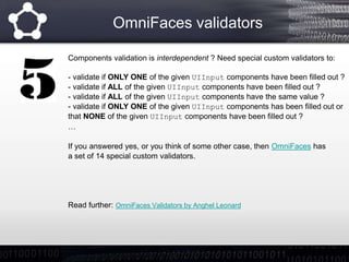 OmniFaces validators
Components validation is interdependent ? Need special custom validators to:
- validate if ONLY ONE o...