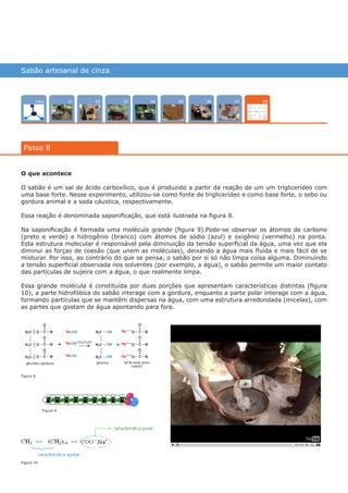 Sabão artesanal de cinza
Intro 070402 0503 0601
Passo 8
08
O que acontece
O sabão é um sal de ácido carboxílico, que é produzido a partir da reação de um um triglicerídeo com
uma base forte. Nesse experimento, utilizou-se como fonte de triglicerídeo e como base forte, o sebo ou
gordura animal e a soda cáustica, respectivamente.
Essa reação é denominada saponificação, que está ilustrada na figura 8.
Na saponificação é formada uma molécula grande (figura 9).Pode-se observar os átomos de carbono
(preto e verde) e hidrogênio (branco) com átomos de sódio (azul) e oxigênio (vermelho) na ponta.
Esta estrutura molecular é responsável pela diminuição da tensão superficial da água, uma vez que ela
diminui as forças de coesão (que unem as moléculas), deixando a água mais fluida e mais fácil de se
misturar. Por isso, ao contrário do que se pensa, o sabão por si só não limpa coisa alguma. Diminuindo
a tensão superficial observada nos solventes (por exemplo, a água), o sabão permite um maior contato
das partículas de sujeira com a água, o que realmente limpa.
Essa grande molécula é constituída por duas porções que apresentam características distintas (figura
10), a parte hidrofóbica do sabão interage com a gordura, enquanto a parte polar interage com a água,
formando partículas que se mantêm dispersas na água, com uma estrutura arredondada (micelas), com
as partes que gostam de água apontando para fora.
Figura 9
Figura 8
Figura 10
várias experiências, um só lugar
 