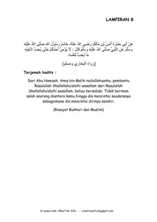 Di susun oleh: CReaTiVe SiFu - creativesifu.blogspot.com
LAMPIRAN 8
ِ‫ﮫ‬ْ‫ﯿ‬َ‫ﻠ‬َ‫ﻋ‬ ُ‫ﷲ‬‫ا‬ ‫ﱠﻰ‬‫ﻠ‬َ‫ﺻ‬ ِ‫ﷲ‬‫ا‬ ِ‫ل‬ْ‫ﻮ‬ُ‫ﺳ‬َ‫ر‬ ُ‫م‬ِ‫د‬‫َﺎ‬‫ﺧ‬ ،ُ‫ﮫ‬ْ‫ﻨ‬َ‫ﻋ‬ ُ‫ﷲ‬‫ا‬ َ‫ﻲ‬ِ‫ﺿ‬َ‫ر‬ ٍ‫ﻚ‬ِ‫ﻟ‬‫َﺎ‬‫ﻣ‬ ِ‫ﻦ‬ْ‫ﺑ‬ ْ‫ﺲ‬َ‫ﻧ‬َ‫أ‬ َ‫ة‬َ‫ﺰ‬ْ‫ﻤ‬َ‫ﺣ‬ ‫ِﻲ‬‫ﺑ‬َ‫أ‬ ْ‫ﻦ‬َ‫ﻋ‬
َ‫ل‬‫َﺎ‬‫ﻗ‬ َ‫ﻢ‬‫ﱠ‬‫ﻠ‬َ‫ﺳ‬َ‫و‬ ِ‫ﮫ‬ْ‫ﯿ‬َ‫ﻠ‬َ‫ﻋ‬ ُ‫ﷲ‬‫ا‬ ‫ﱠﻰ‬‫ﻠ‬َ‫ﺻ‬ ‫ﱢ‬‫ﻲ‬ِ‫ﺒ‬‫ﱠ‬‫ﻨ‬‫اﻟ‬ ِ‫ﻦ‬َ‫ﻋ‬ َ‫ﻢ‬‫ﱠ‬‫ﻠ‬َ‫ﺳ‬َ‫و‬:ِ‫ﮫ‬ْ‫ﯿ‬ِ‫ﺧ‬َ‫ﻷ‬ ‫ﱠ‬‫ﺐ‬ِ‫ﺤ‬ُ‫ﯾ‬ ‫ﱠﻰ‬‫ﺘ‬َ‫ﺣ‬ ْ‫ﻢ‬ُ‫ﻛ‬ُ‫ﺪ‬َ‫ﺣ‬َ‫أ‬ ُ‫ﻦ‬ِ‫ﻣ‬ْ‫ﺆ‬ُ‫ﯾ‬ َ‫ﻻ‬
‫ِﮫ‬‫ﺴ‬ْ‫ﻔ‬َ‫ﻨ‬ِ‫ﻟ‬ ‫ﱡ‬‫ﺐ‬ِ‫ﺤ‬ُ‫ﯾ‬ ‫َﺎ‬‫ﻣ‬
]‫اﻟﺒﺨﺎري‬ ‫رواه‬‫وﻣﺴﻠﻢ‬[
Terjemah hadits :
Dari Abu Hamzah, Anas bin Malik radiallahuanhu, pembantu
Rasulullah Shallallahu’alaihi wasallam dari Rasulullah
Shallallahu’alaihi wasallam, beliau bersabda: Tidak beriman
salah seorang diantara kamu hingga dia mencintai saudaranya
sebagaimana dia mencintai dirinya sendiri.
(Riwayat Bukhori dan Muslim)
 