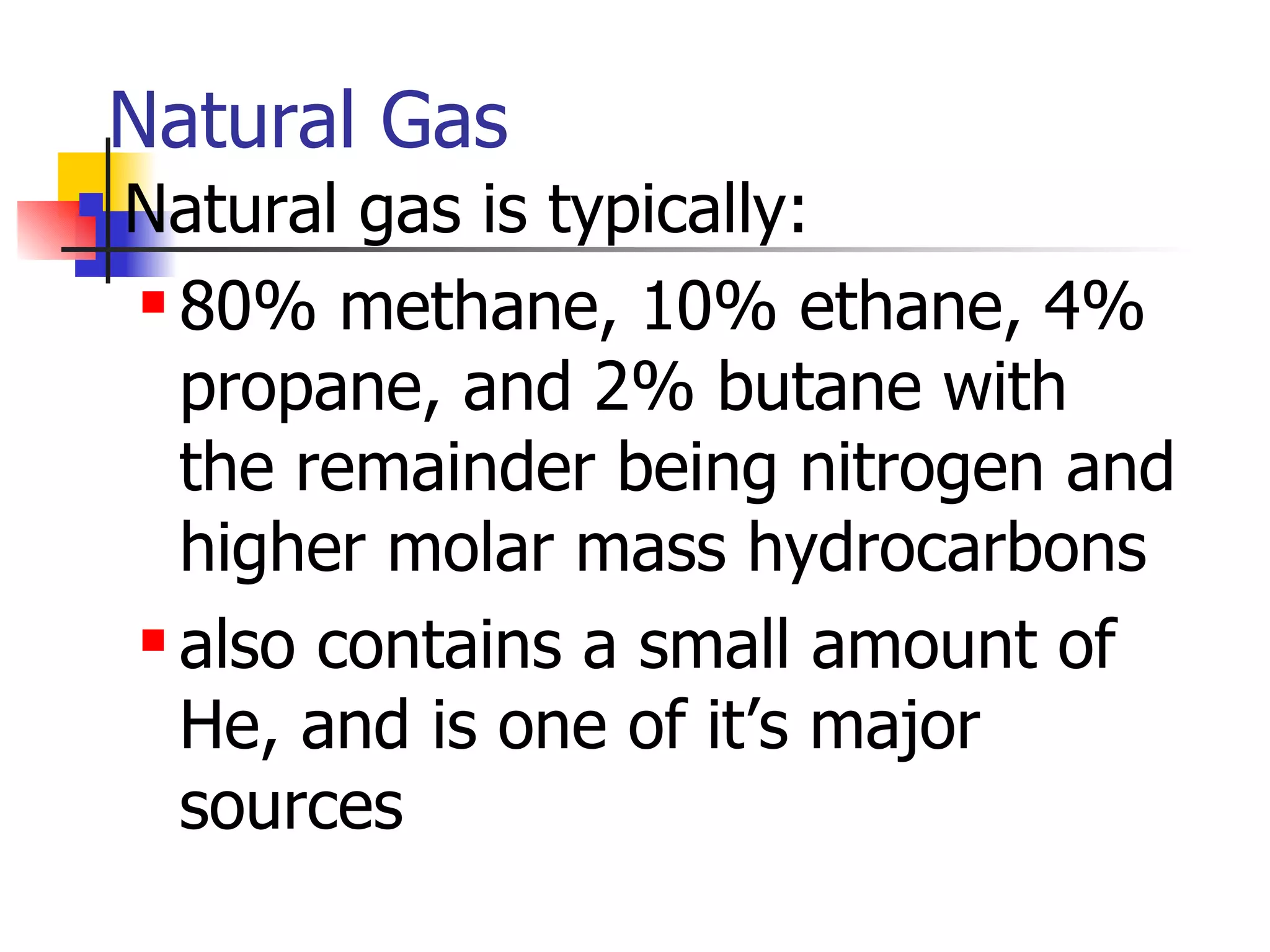 Natural Gas Natural gas is typically: 80% methane, 10% ethane, 4% propane, and 2% butane with the remainder being nitrogen and higher molar mass hydrocarbons also contains a small amount of He, and is one of it’s major sources 