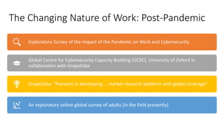 The Changing Nature of Work: Post-Pandemic
Exploratory Survey of the Impact of the Pandemic on Work and Cybersecurity
Global Centre for Cybersecurity Capacity Building (GCSC), University of Oxford in
collaboration with GrapeData
GrapeData: “Pioneers in developing … market research platform with global coverage”
An exploratory online global survey of adults [in the field presently]
 