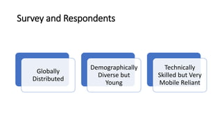 Survey and Respondents
Globally
Distributed
Demographically
Diverse but
Young
Technically
Skilled but Very
Mobile Reliant
 