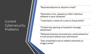 Current
Cybersecurity
Problems
“Received obscene or abusive e-mails”
“Received a virus, spyware or other malicious
softwar...