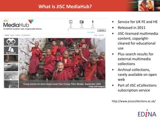 Jisc MediaHub
• Jisc eCollections content
• Feedback
• Service:
 Search and explore
 Bookmarks
 Uploads

• Questions

 