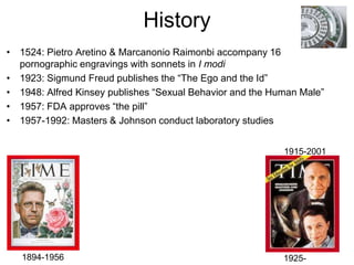 History
• 1524: Pietro Aretino & Marcanonio Raimonbi accompany 16
  pornographic engravings with sonnets in I modi
• 1923:...