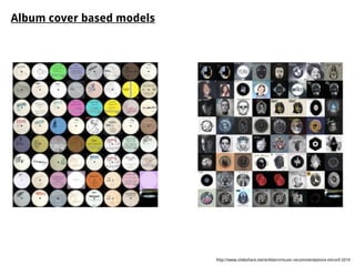 http://www.slideshare.net/erikbern/music-recommendations-mlconf-2014
Album cover based models
 