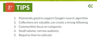 TIPS
1. Potentially good to support Google’s search algorithm
2. Collections are valuable, can create a strong following
3. Communities focus on categories
4. Small volume, narrow audience
5. Requires time to cultivate
 