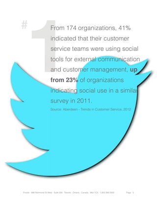 1
#                            From 174 organizations, 41%
                             indicated that their customer
                             service teams were using social
                             tools for external communication
                             and customer management, up
                             from 23% of organizations
                             indicating social use in a similar
                             survey in 2011.
                             Source: Aberdeen - Trends in Customer Service, 2012




Fonolo · 688 Richmond St West · Suite 204 · Toronto · Ontario · Canada · M6J 1C5 · 1.855.366.2500   Page 5
 