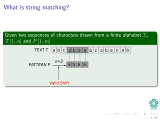 What is string matching?
Given two sequences of characters drawn from a ﬁnite alphabet Σ,
T [1..n] and P [1..m]
a b c a b a a b c a b a c a b
a b a a
TEXT T
PATTERN P
s=3
Valid Shift
3 / 40
 