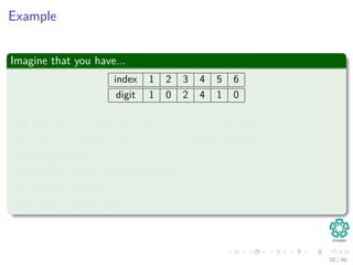 Example
Imagine that you have...
index 1 2 3 4 5 6
digit 1 0 2 4 1 0
1 We have t0 = 1024 then we want to calculate 0241
2 Then we subtract 103 × T [1] == 1000 of 1024
3 We get 0024
4 Multiply by 10, and we get 0240
5 We add T [5] == 1
6 Finally, we get 0241
20 / 40
 